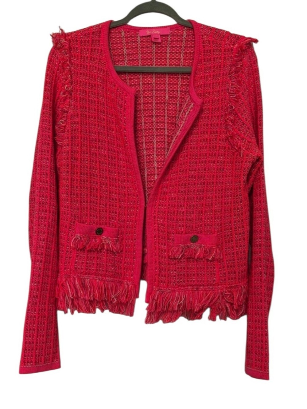 Lilly Pulitzer Simora Fringe Cardigan Pink Open Knit Sweater Size Large